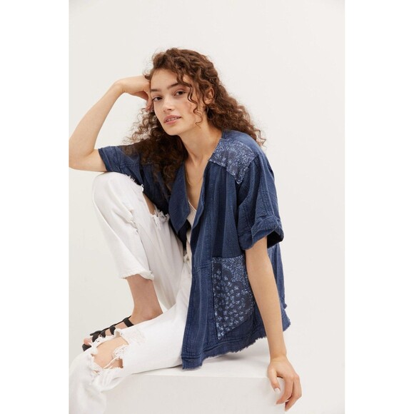 Pilcro Anthropologie Kimono Jacket Denim SMALL Blue Oversized Open Front - Picture 1 of 6